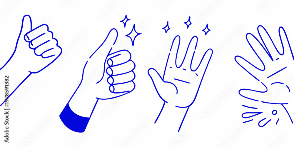 Fototapeta premium Four hands displaying different gestures illustrated in a simple blue line style
