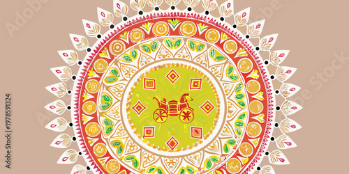 An ornate colorful mandala design features a horse drawn carriage motif