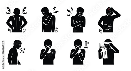 Set of black vector illustrations showing people suffering from various painful illnesses and common health symptoms