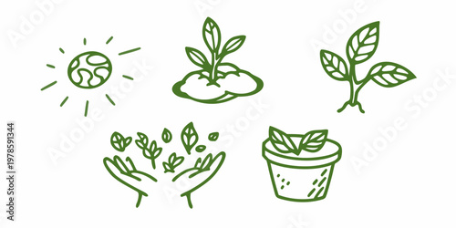 Hand drawn illustration of plant growth stages and nurturing concepts
