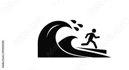 Simple vector illustration of a stylized stick figure surfing on a large crashing blue ocean wave