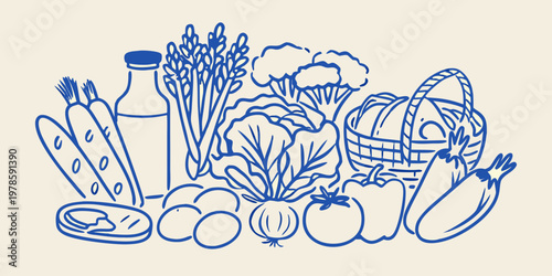 A blue line drawing depicting a collection of fresh produce and groceries
