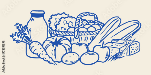 A blue line drawing depicts a collection of fresh fruits and vegetables