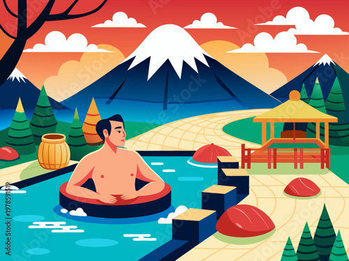 A man relaxes in a hot spring. Calm down. Calm. japan. onsen