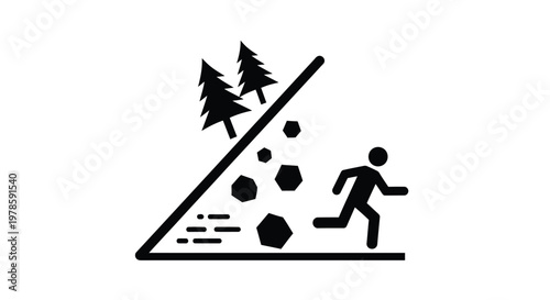 Minimalist vector graphic icon depicting a person escaping from a dangerous rock fall in nature outdoors