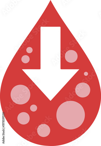 Minimalist red teardrop icon with downward arrow and circular cells representing blood donation anemia low levels or medical health analysis concepts