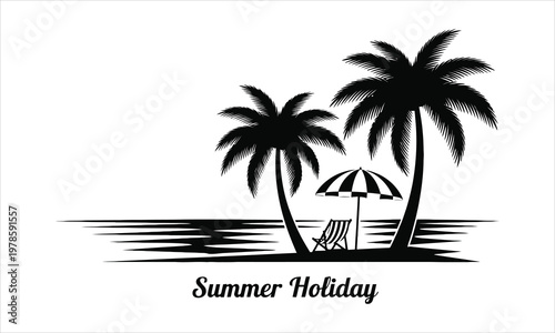 Summer Holiday Tropical Beach with Palm Trees Umbrella and Lounge Chair Silhouette Vector Illustration