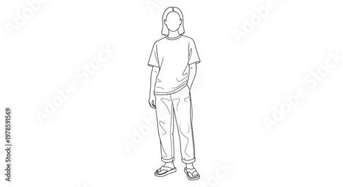 Minimalist vector illustration of a person standing comfortably while wearing casual summer clothing and simple sandals