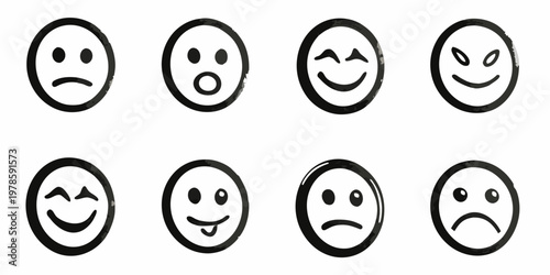 Eight hand drawn black and white face icons displaying various emotions