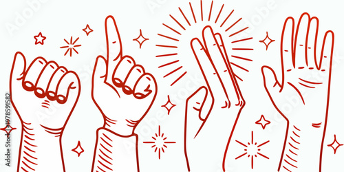 A collection of hands making different sign language gestures in red