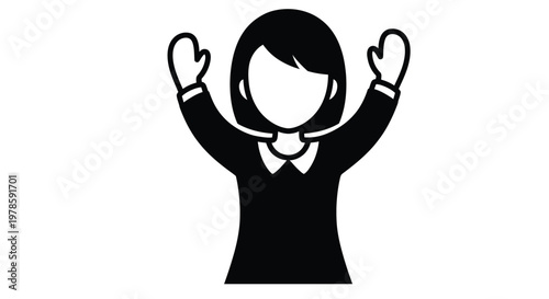 Minimalist black and white vector illustration of a young woman raising both arms in joyful celebration