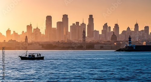 Cityscape Silhouette at Sunset with Boat and Lighthouse.