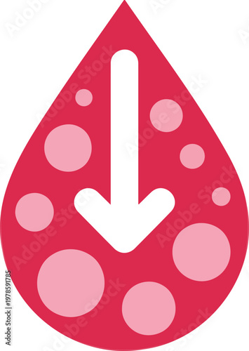 Minimalist red teardrop icon with downward arrow and circular cells representing blood donation anemia low levels or medical health analysis concepts