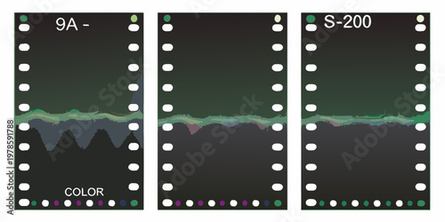 Three frames of color film with varying exposure and landscape imagery