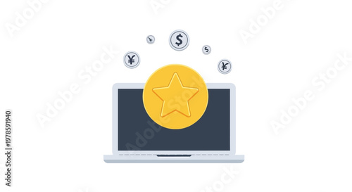 Sad face on laptop screen with money.