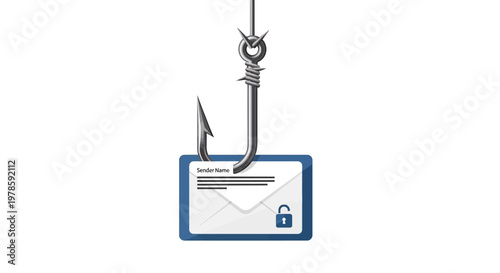 Phishing email on fishing hook closeup.