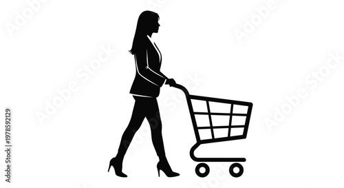 Elegant woman pushing a shopping cart in this clean black and white vector graphic design illustration
