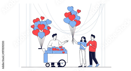 Couple Buying Heart Balloons from Vendor Cart Illustration