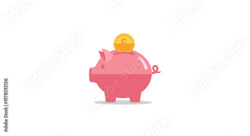Pink Piggy Bank with Gold Coin.