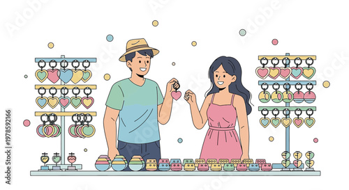 Couple Buying Heart Charms at Market Stall - Love Souvenir Shopping