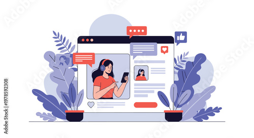 Popular social media influencer records a video or streams live content while surrounded by digital engagement icons.