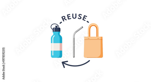 Reusable bag and water bottle icons.