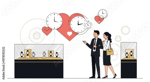 Couple Buying Watches, Love Hearts and Time Concept - Illustration