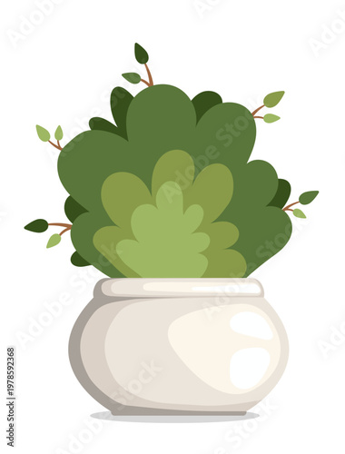 Stylized green plant in a round pot. Flat design with soft gradients and natural colors. Suitable for home decor, interior design, eco lifestyle, botanical themes and minimal illustrations.