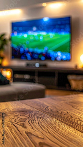 Empty wooden table surface mockup with blurred living room and soccer match on TV background