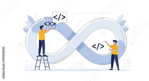 Two software engineers collaborate on a continuous development cycle around a large infinity symbol decorated with programming code tags.