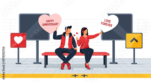 Couple celebrating anniversary on subway platform, holding love heart signs