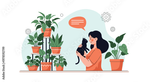 Caring woman holds her black cat while standing next to a large tiered collection of healthy green indoor plants at home.