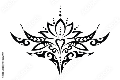 Intricate tribal lotus illustration combining Polynesian Maori patterns with ornamental tattoo style. Symmetrical black line design with decorative elements and spiritual symbolism, suitable for tatto