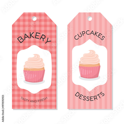 Set of Bakery labels templates with pink muffin on pink background. Cupcake pastry shop price tags design