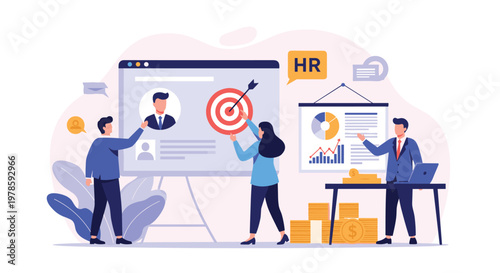 Human Resources team evaluates a potential job candidate on a screen while analyzing recruitment data and corporate performance charts.