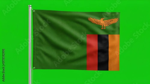 Waving Zambia National Flag on Green Screen Background