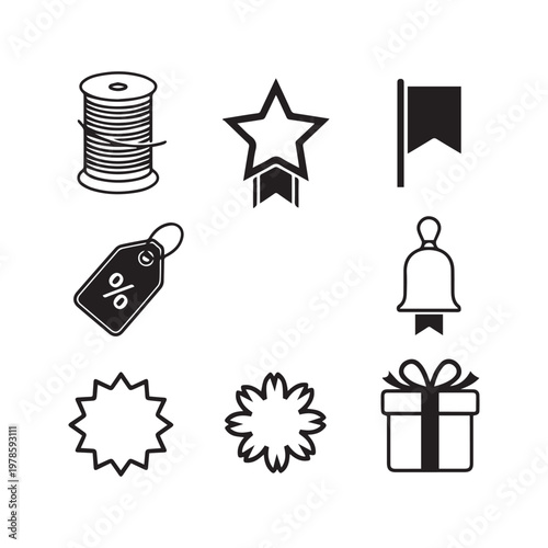 Set of nine black and white icons Keywords: icon, symbol, set, collection, spool, thread, star