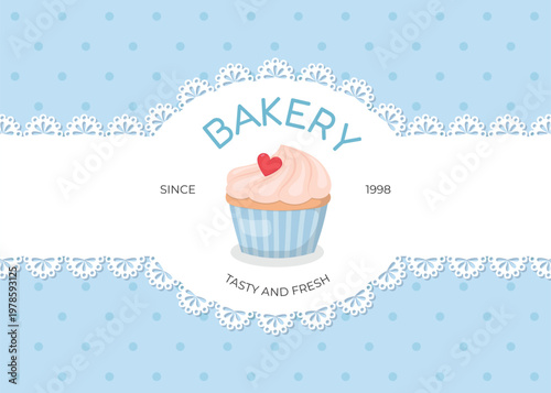 Bakery design template with blue muffin on blue polka dot background. Cupcake pastry shop design