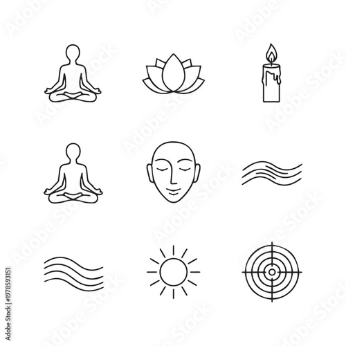 Set of nine wellness and meditation line art icons