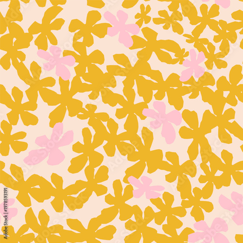 A floral seamless vector pattern in mustard yellow and soft pink on warm cream background with hand-painted organic blooms