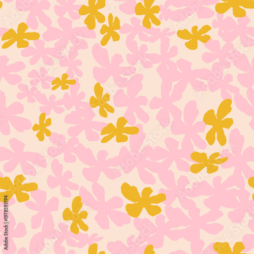 A floral seamless vector pattern in mustard yellow and blush pink on warm cream background with hand-painted abstract blooms