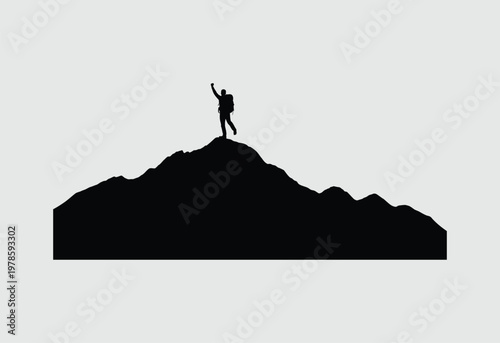 A silhouette of a hiker standing triumphantly on top of a mountain peak against a clear sky