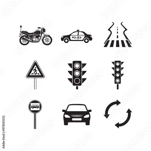 Transportation Icons Set With Police Car Motorcycle and Traffic Signs