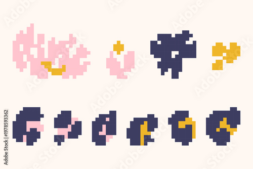 Pixel floral elements set in blush pink, mustard yellow and navy blue on cream background. Vector isolated shapes