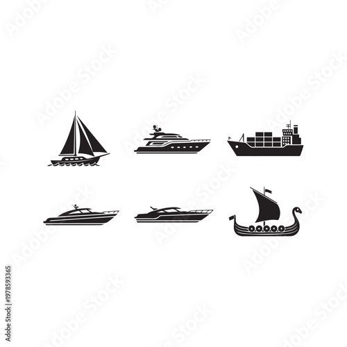Various Boat and Ship Silhouettes Keywords: boat, ship, yacht, sailboat, cargo ship, speed boat
