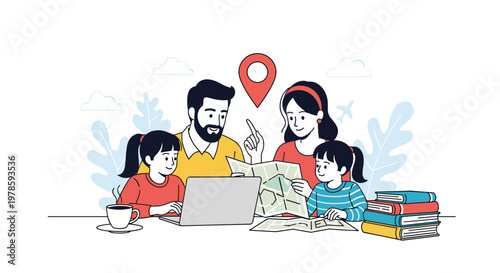 Enthusiastic family of four uses a laptop, maps, and books to plan their next vacation destination together at a table.