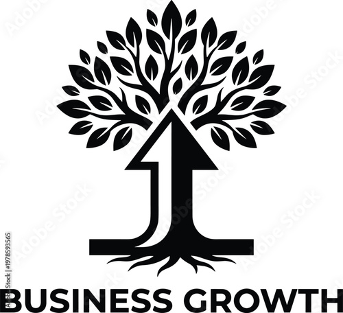 Business growth concept tree with arrow trunk symbolizing success development progress strategy leadership finance increase upward direction icon design