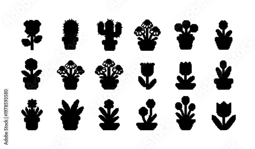 Pixel art flowers and plants set retro 8bit rose cactus tulip vector eps10