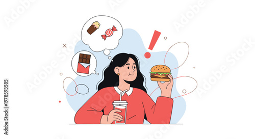 Young woman eats a delicious hamburger while thinking about various other unhealthy snacks like chocolate and candies.