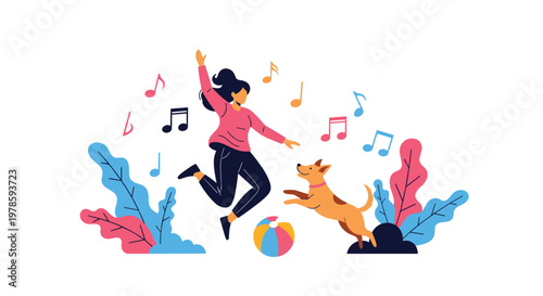 Happy young woman jumping and dancing joyfully with her dog while listening to music with floating notes background.